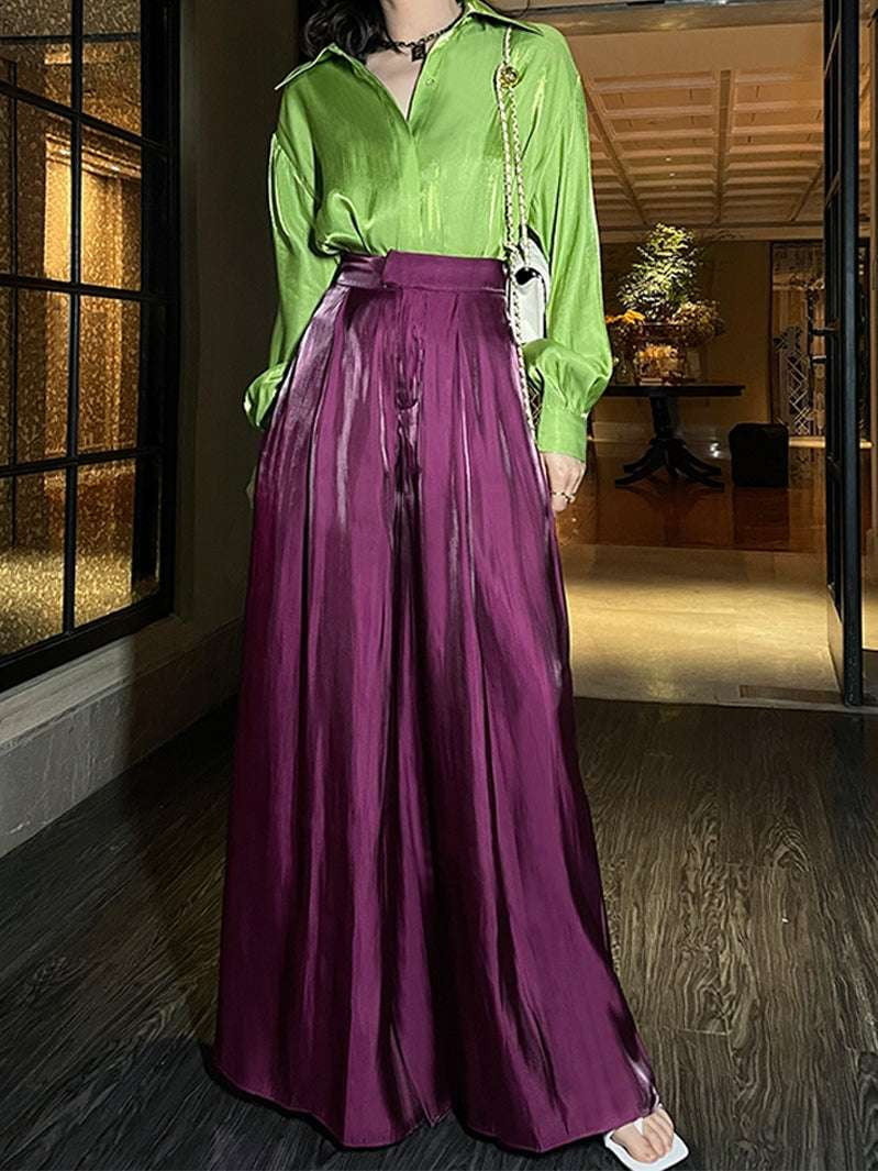 Breathable Satin Pants, Purple Satin Trousers, Satin Wide-Leg Pants - available at Sparq Mart