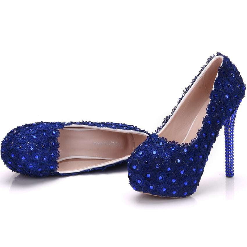 Blue Bridal Footwear, Bridal Lace Heels, Rhinestone Wedding Pumps - available at Sparq Mart