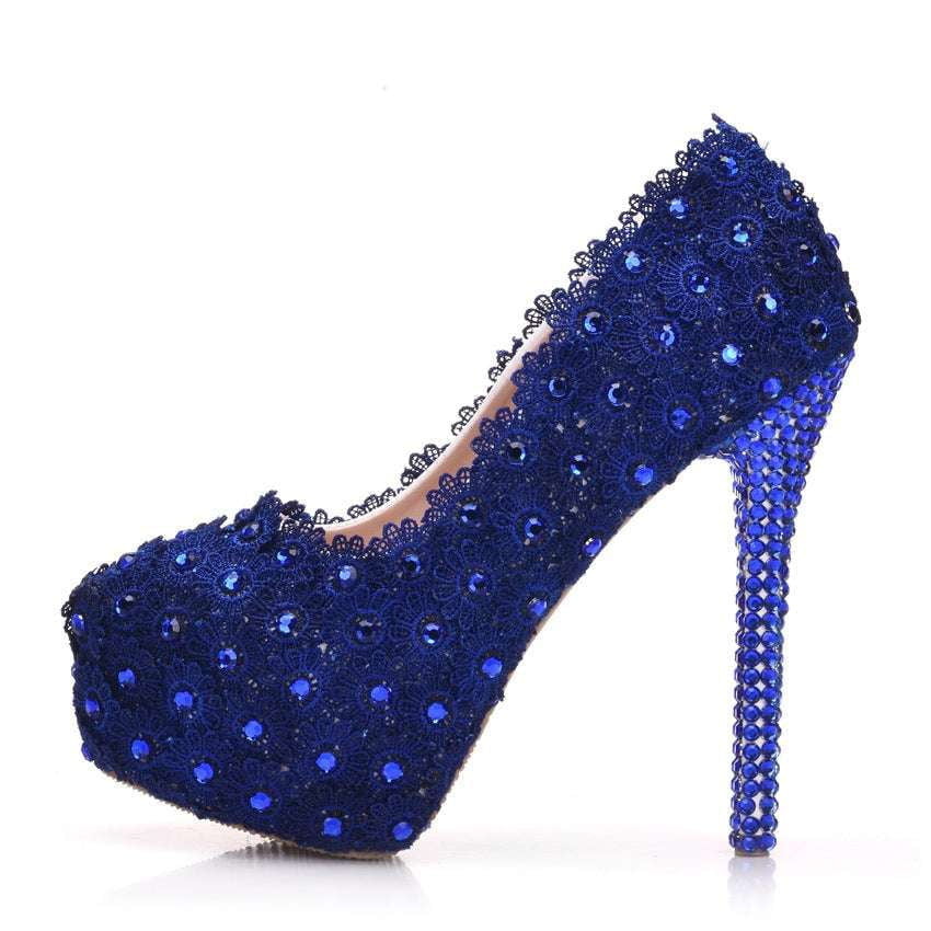 Blue Bridal Footwear, Bridal Lace Heels, Rhinestone Wedding Pumps - available at Sparq Mart