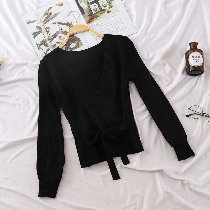 Long Sleeve Knitwear, V-Neck Knit Pullover, Waist Belt Sweater Top - available at Sparq Mart