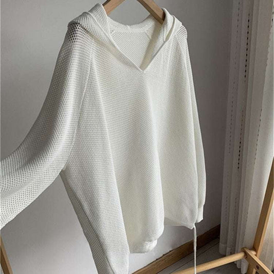 Casual Cotton Sweater, Lightweight Hollow Sweater, Women's Hooded Blouse - available at Sparq Mart