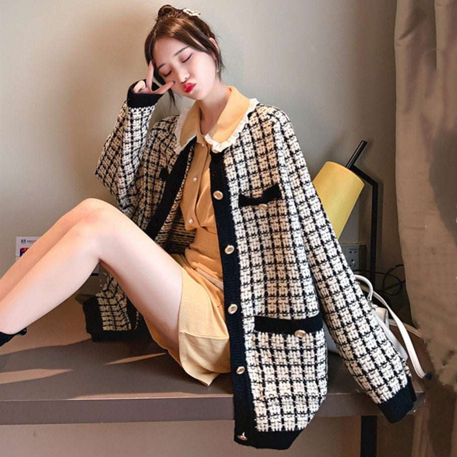 Commuter Cardigan Sweater, Houndstooth Knit Cardigan, Korean Style Cardigan - available at Sparq Mart