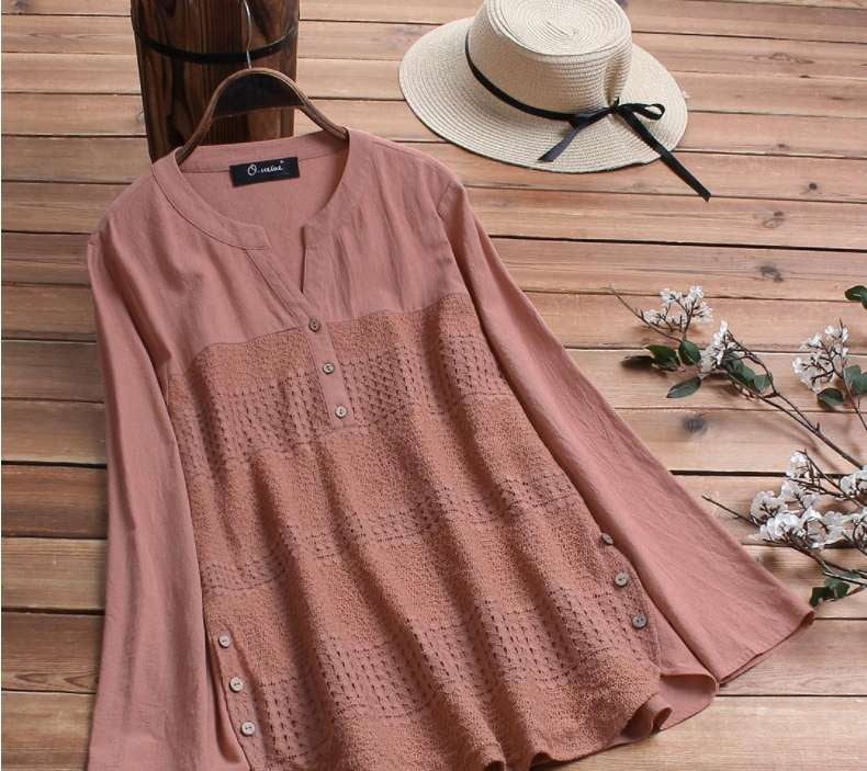 Button Sleeve Blouse., Lace Stitching Top, Large Casual Shirt - available at Sparq Mart