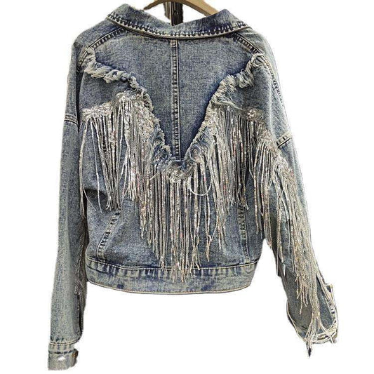 Light Blue Jacket Casual, Tassel Detail Denim Top, Women Denim Jacket Fit - available at Sparq Mart