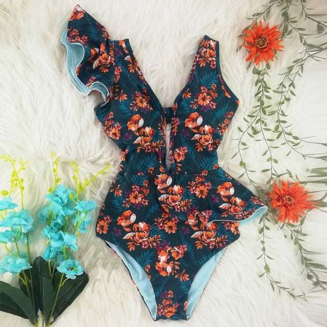 Ruffle Beach Swimsuit, Sleeveless Swimwear Bodysuit, Women Elegant Swimwear - available at Sparq Mart