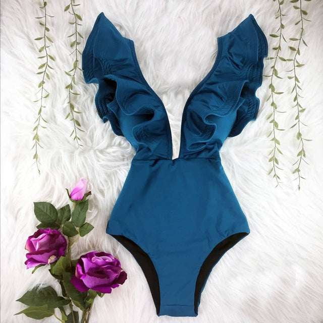 Ruffle Beach Swimsuit, Sleeveless Swimwear Bodysuit, Women Elegant Swimwear - available at Sparq Mart