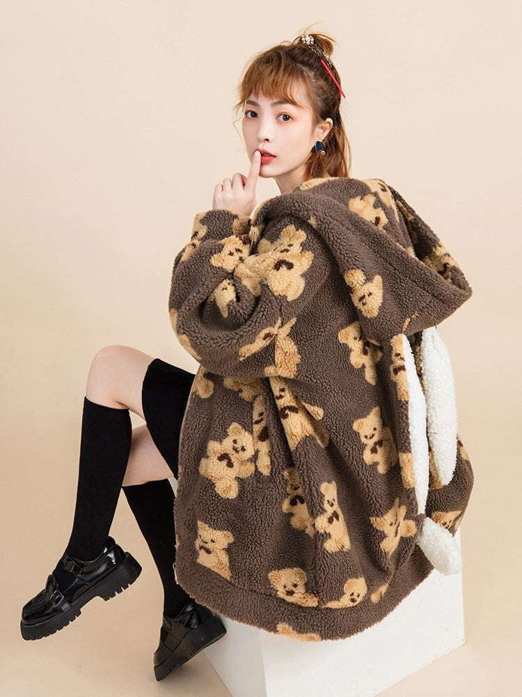 bear print coat, lamb wool outerwear, padded wool coat - available at Sparq Mart