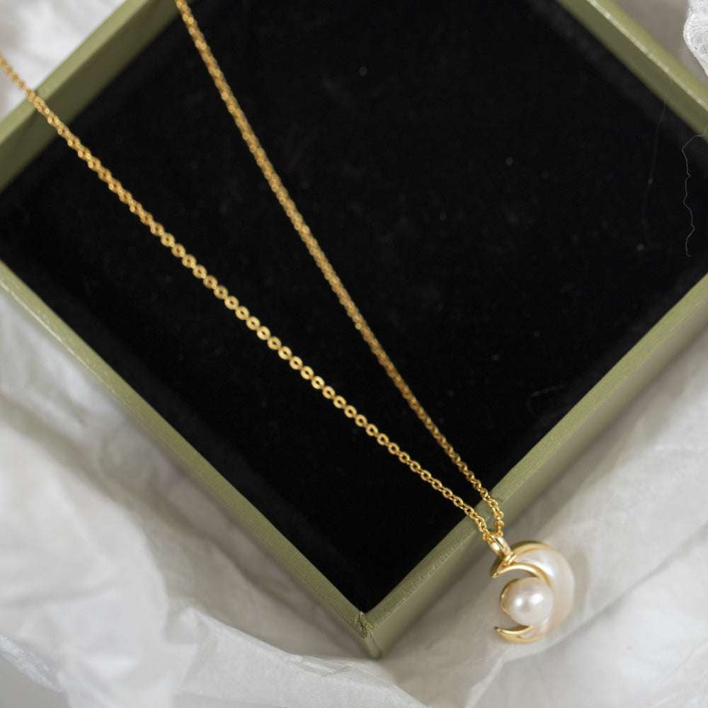 Elegant Moon Pendant Necklace, Gold Pearl Necklace Women, Vintage Style Pearl Jewelry - available at Sparq Mart