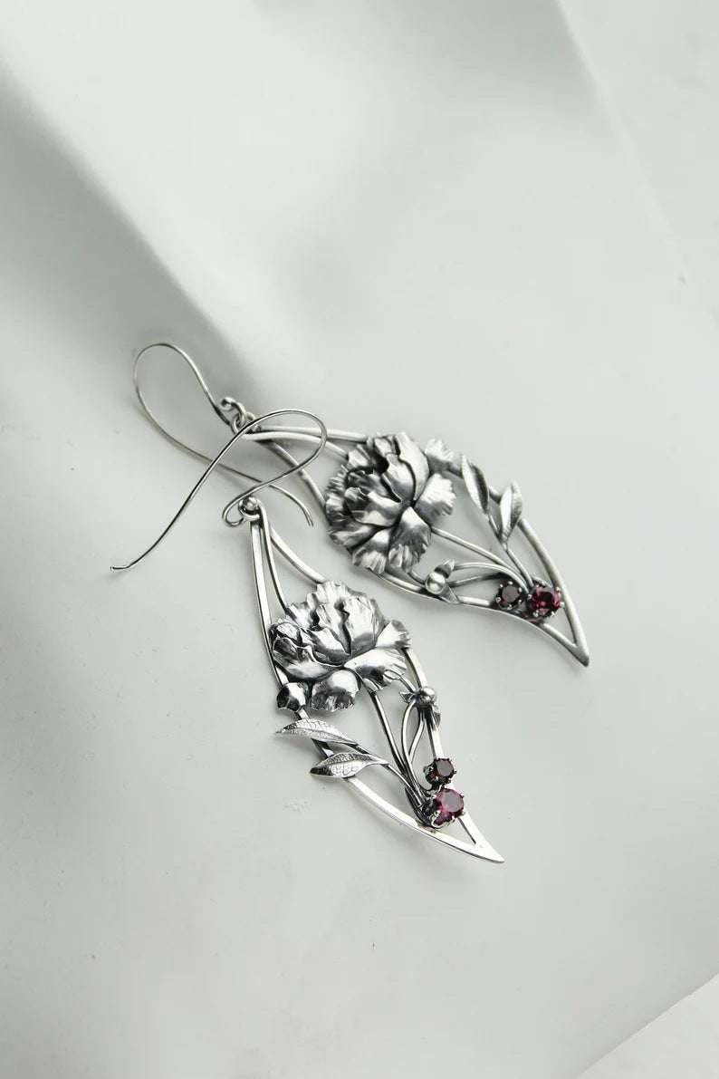 Elegant Peony Earrings, Tassel Drop Earrings, Vintage Silver Jewelry - available at Sparq Mart