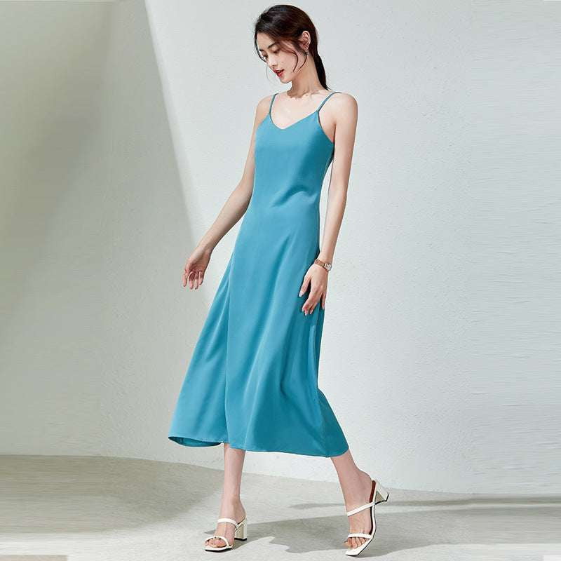 Elegant Women's Sling Dress, Satin Maxi Evening Dress, Sleeveless Satin Long Skirt - available at Sparq Mart