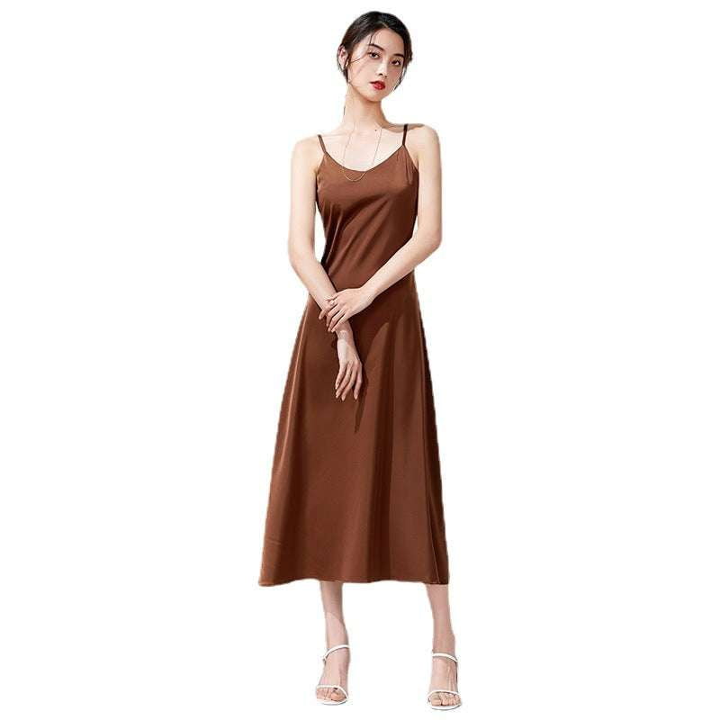 Elegant Women's Sling Dress, Satin Maxi Evening Dress, Sleeveless Satin Long Skirt - available at Sparq Mart