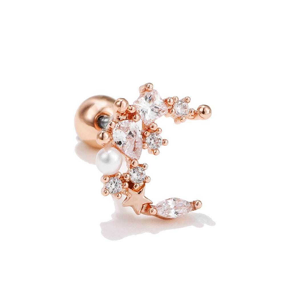 Moon Earrings Stainless, Rose Gold Studs, Zircon Screw Earrings - available at Sparq Mart