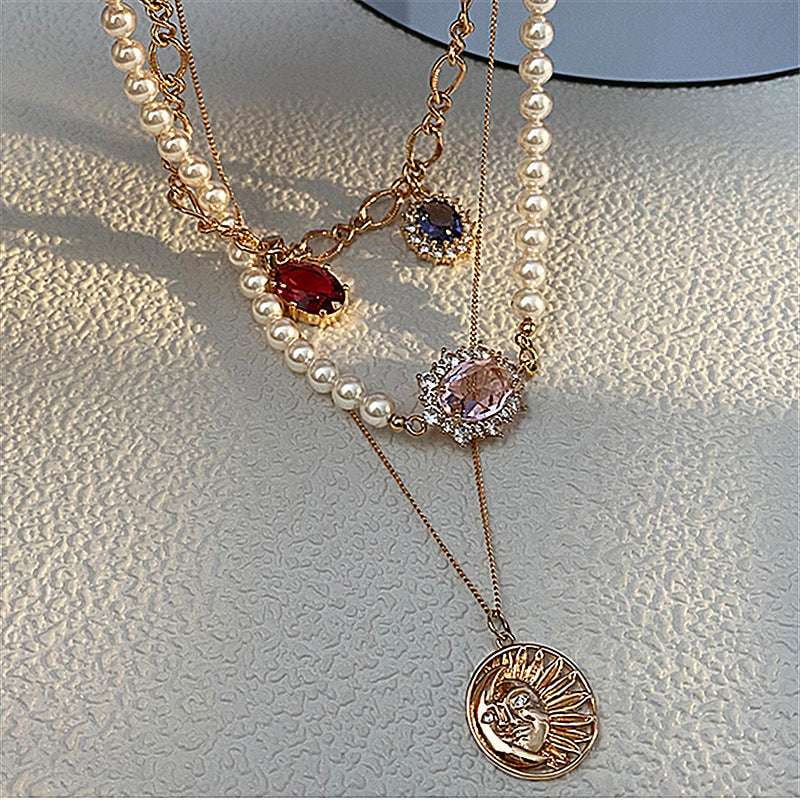 Chic Alloy Necklace, Elegant Zircon Necklace, Layered Pearl Pendant - available at Sparq Mart