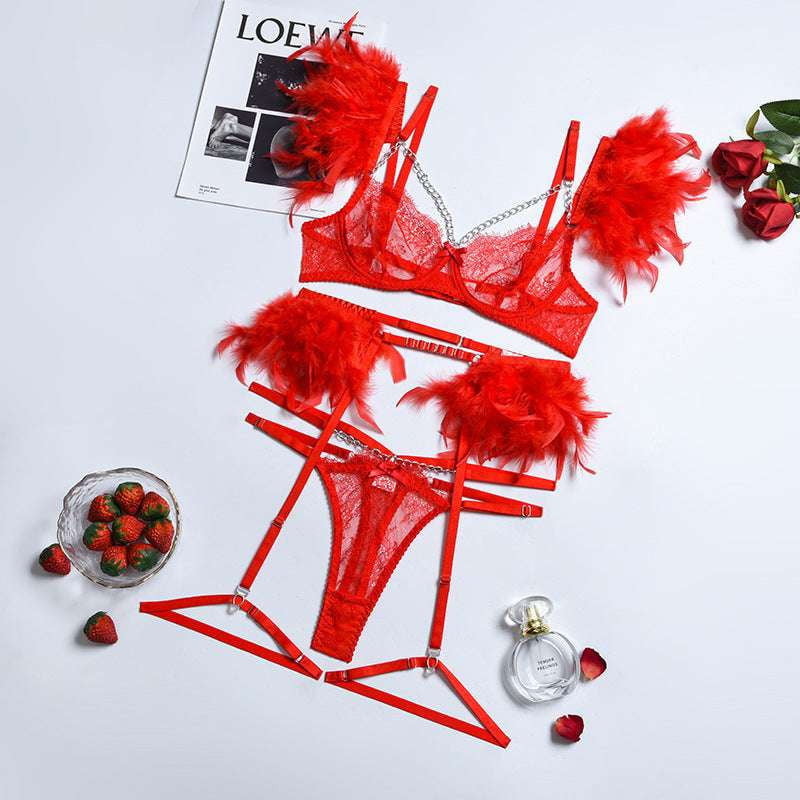 Feather Eyelash Intimates, Lace Lingerie Set, Three-Piece Underwear - available at Sparq Mart