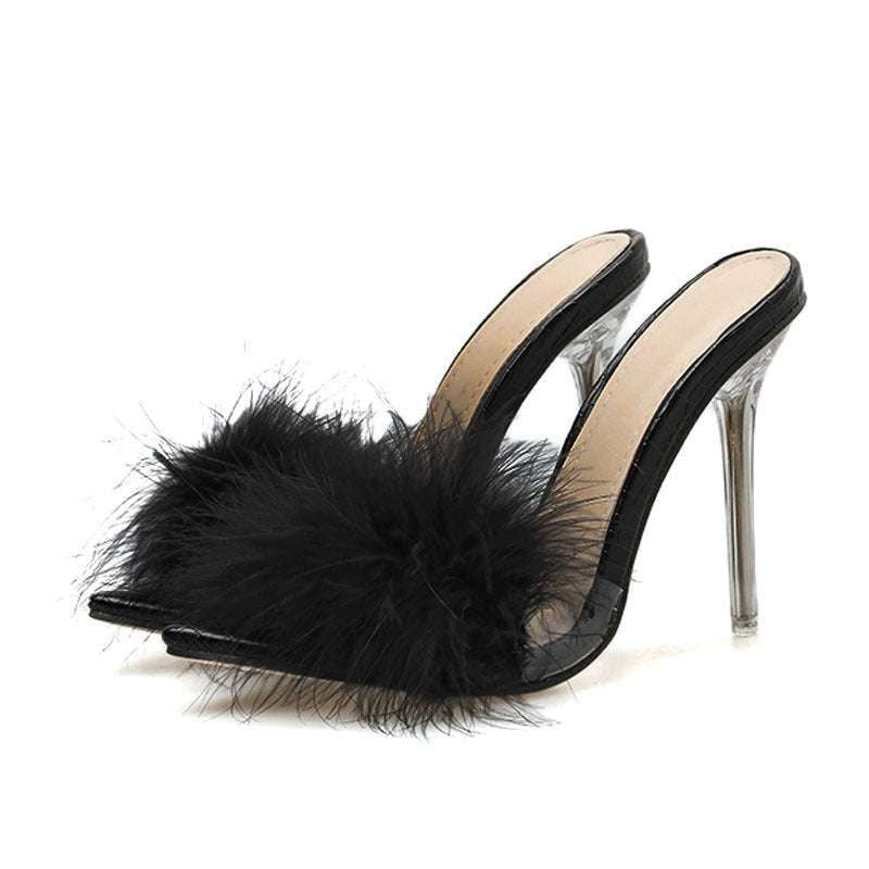 Crystal Heel Slippers, Feather Fur Footwear, Transparent Slippers Women - available at Sparq Mart