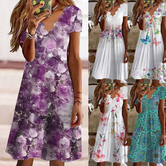 Floral Wave Neck Dress, Lightweight Print Cotton Dress, Summer Dress Short Sleeve - available at Sparq Mart