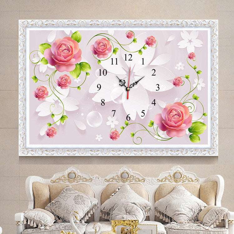 diamond painting, diamond wall clock, rose flower clock - available at Sparq Mart