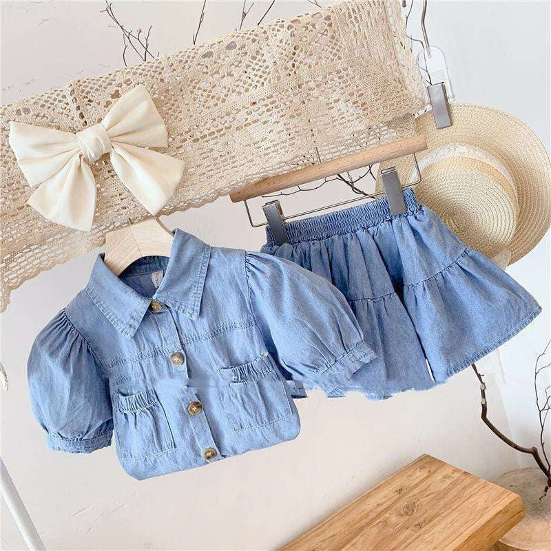 Girls Denim Set, Kids Cotton Two-piece, Puff Sleeve Outfit - available at Sparq Mart