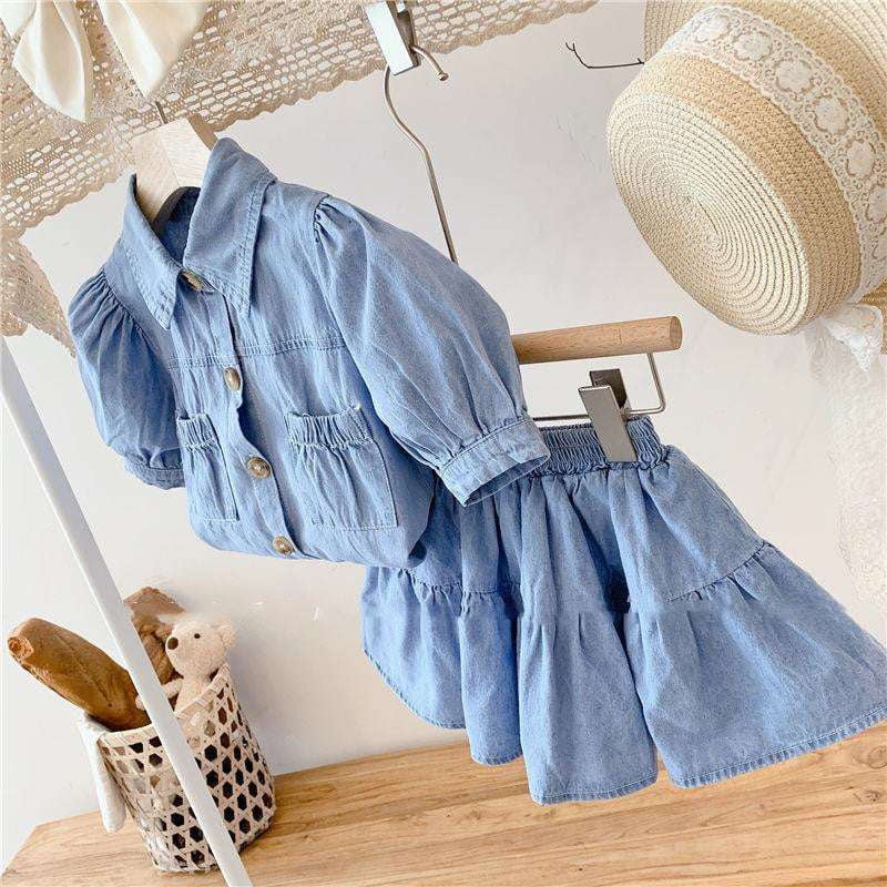 Girls Denim Set, Kids Cotton Two-piece, Puff Sleeve Outfit - available at Sparq Mart