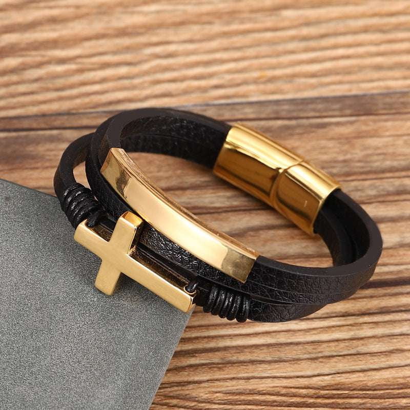 Gold Cross Bracelet, Leather Woven Jewelry, Single Loop Band - available at Sparq Mart