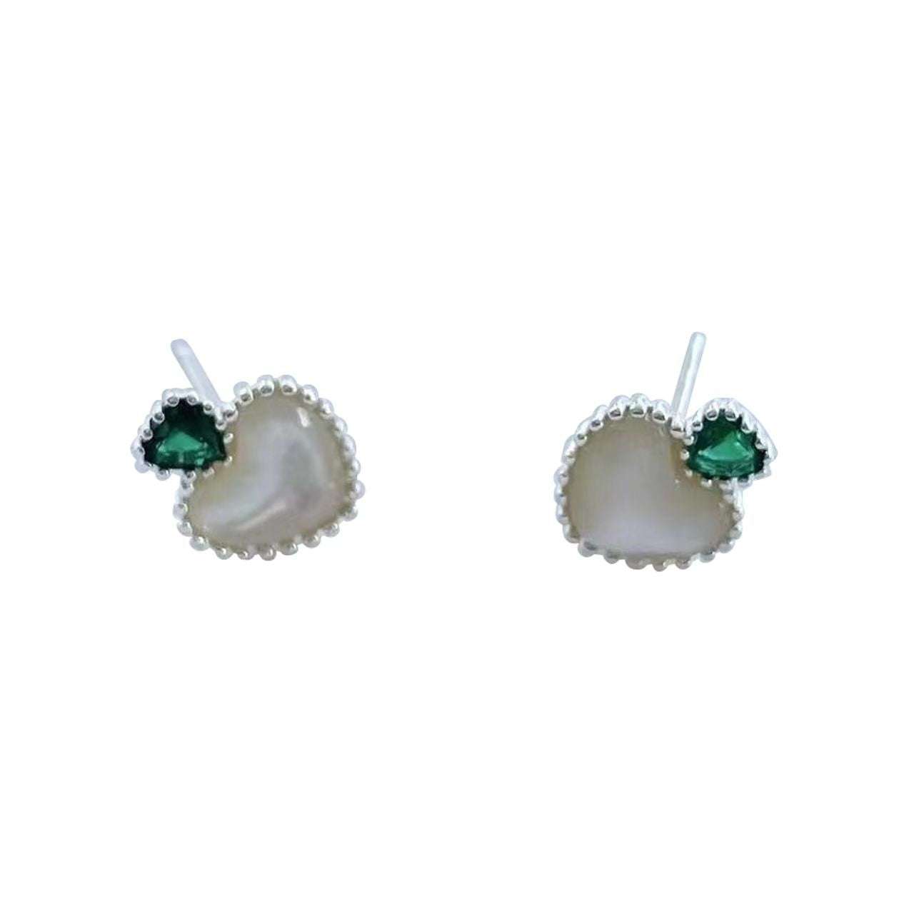 Green zirconium jewelry, Shell stud earrings, Silver heart earrings - available at Sparq Mart