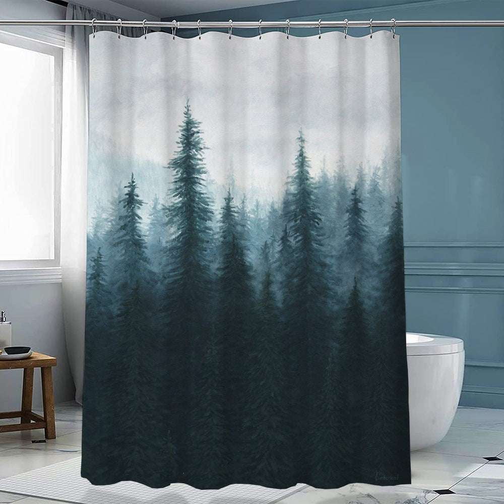 artistic shower decor, ink forest curtain, polyester curtain hook - available at Sparq Mart