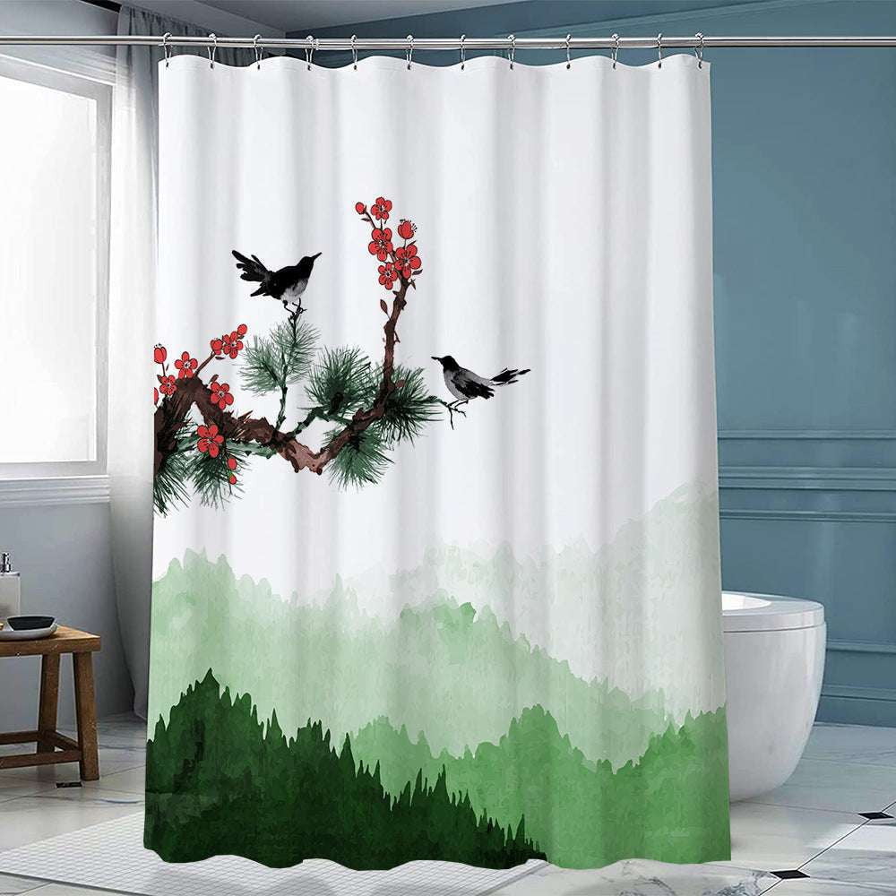 artistic shower decor, ink forest curtain, polyester curtain hook - available at Sparq Mart