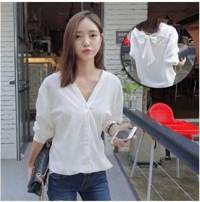 Bow Tie Shirt Women, Korean V-neck Blouse, Spring Chiffon Cardigan - available at Sparq Mart