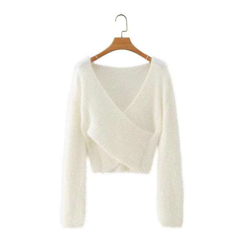 Cross V-neck Sweater, Short Long Sleeve, Trendy Women's Knitwear - available at Sparq Mart