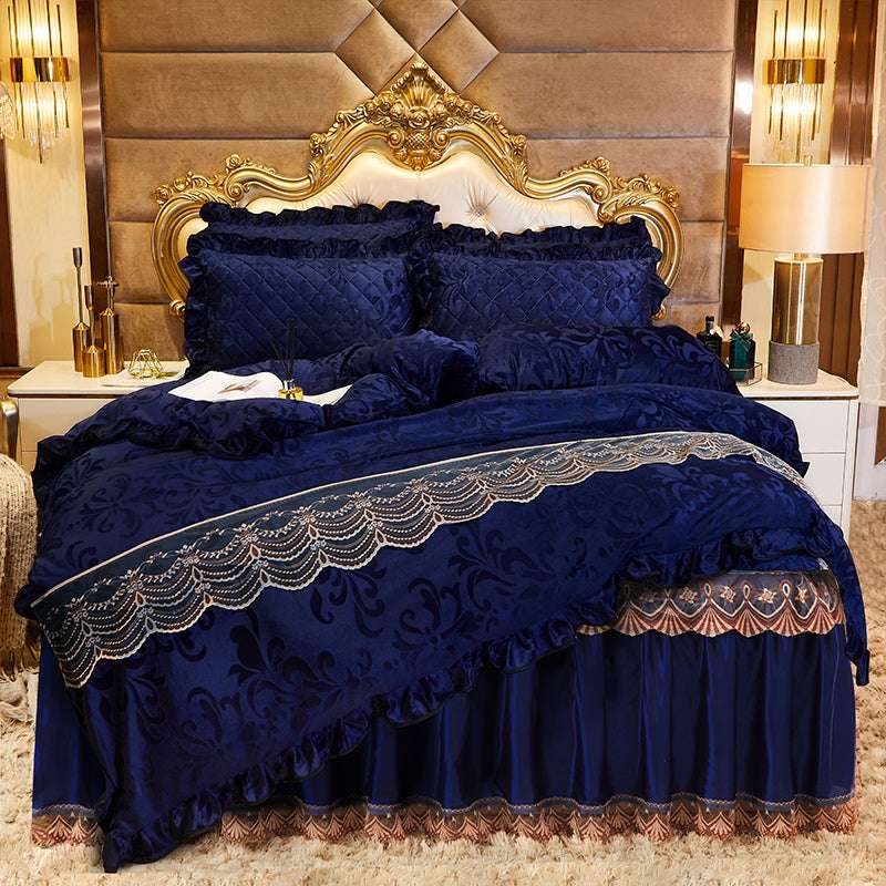 Luxurious bed skirt, Quilted four-piece, Velvet bedding set - available at Sparq Mart