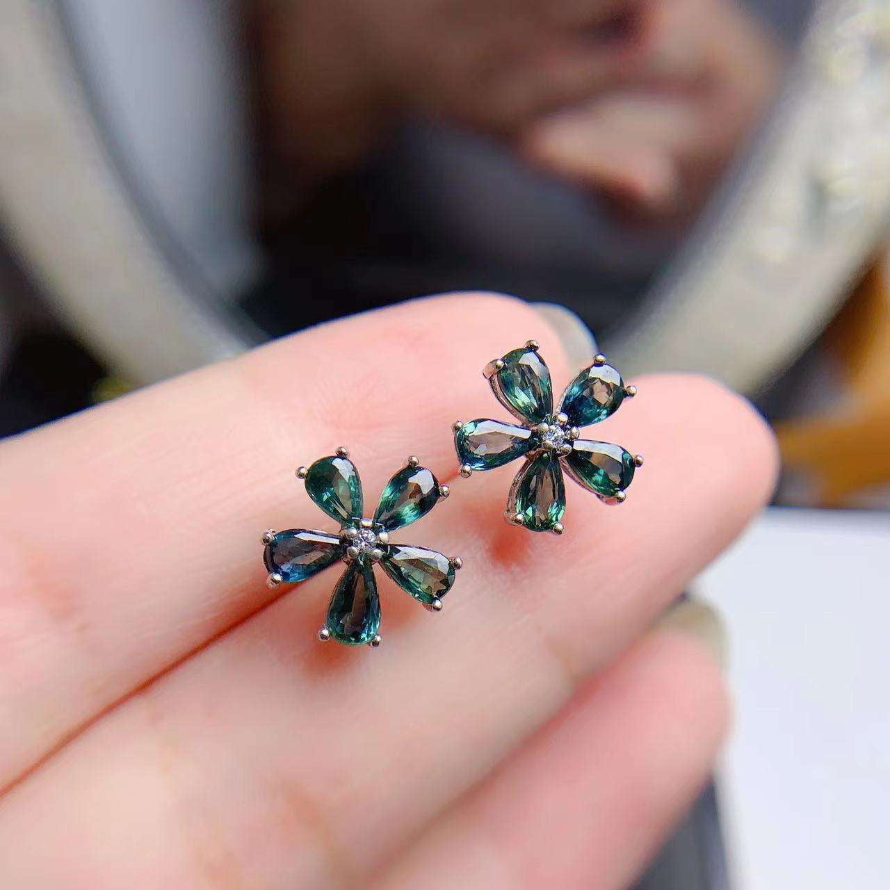 925 Sapphire Studs, Sapphire Flower Earrings, Silver Water Drop Earrings - available at Sparq Mart