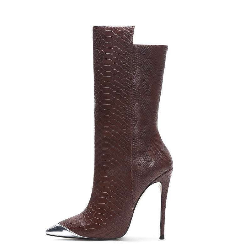 Pointed Heel Booties, Size-Inclusive Footwear, Snakeskin Ankle Boots - available at Sparq Mart