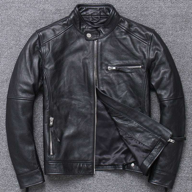 Leather Jacket Luxury, Men's Cowhide Jacket, Stand-up Collar Jacket - available at Sparq Mart