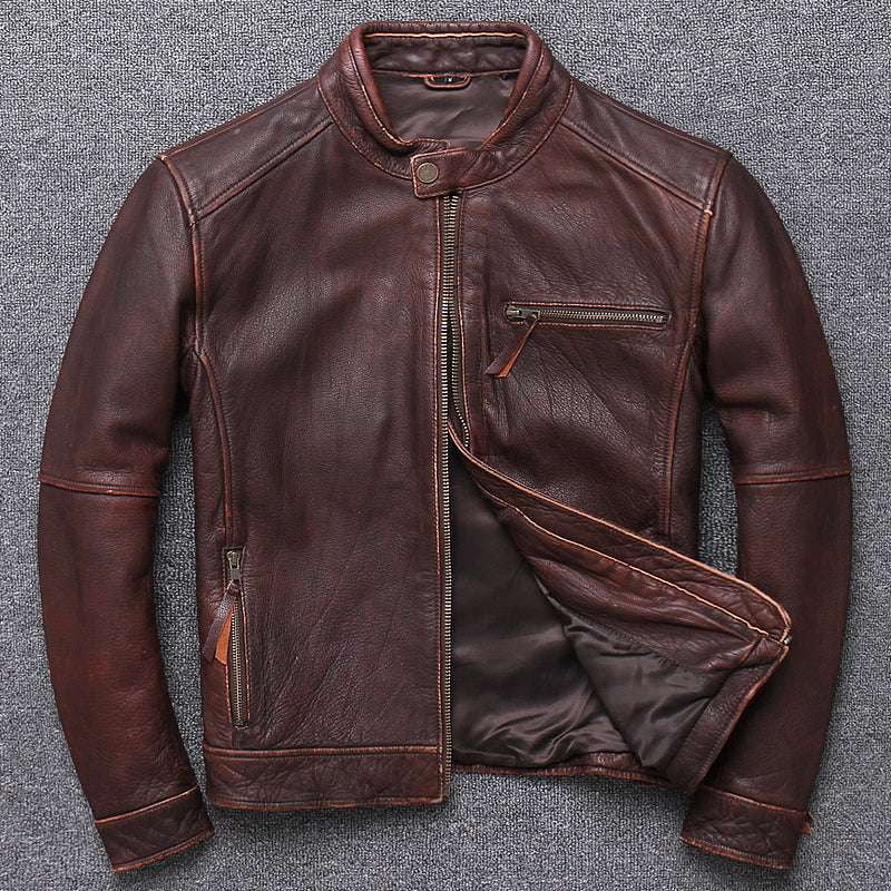 Leather Jacket Luxury, Men's Cowhide Jacket, Stand-up Collar Jacket - available at Sparq Mart