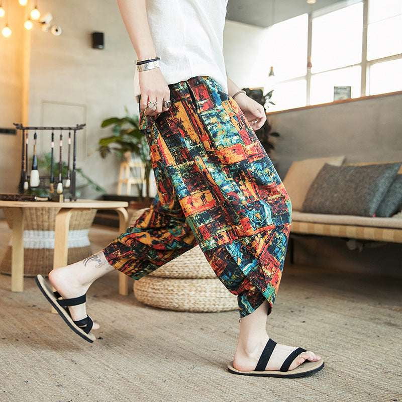 Beach Casual Pants, Men's Cropped Trousers, Retro Print Bloomers - available at Sparq Mart