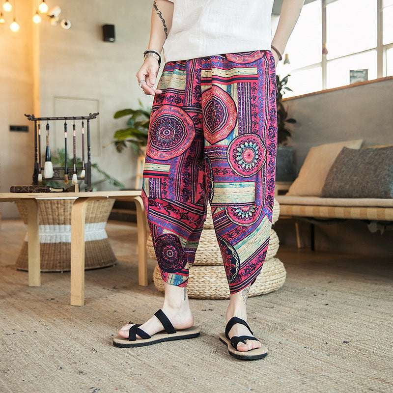 Beach Casual Pants, Men's Cropped Trousers, Retro Print Bloomers - available at Sparq Mart