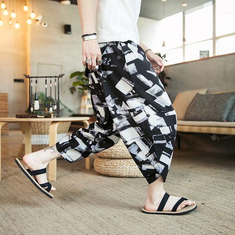 Beach Casual Pants, Men's Cropped Trousers, Retro Print Bloomers - available at Sparq Mart