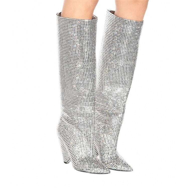 Knee-Length Rhinestone Boots, Nightclub High-Heeled Boots, Sparkly Stiletto Boots - available at Sparq Mart