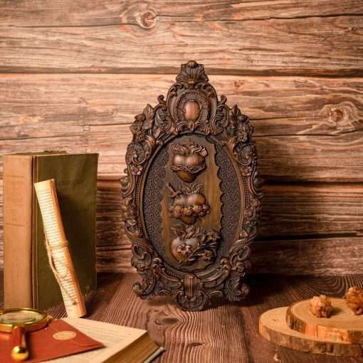 Artisan Wall Ornament, Sacred Heart Carving, Vintage Wood Decor - available at Sparq Mart