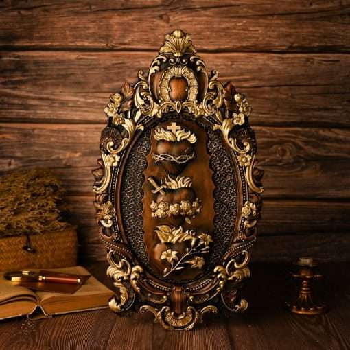 Artisan Wall Ornament, Sacred Heart Carving, Vintage Wood Decor - available at Sparq Mart