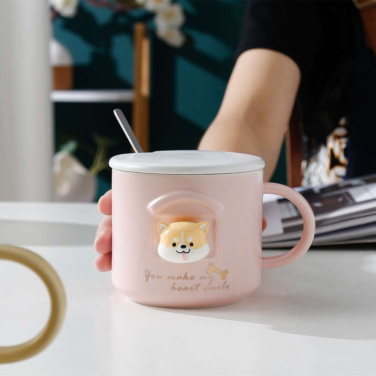 Cartoon Cup Lid, Ceramic Spoon Cup, Shiba Inu Mug - available at Sparq Mart