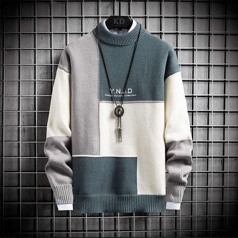 Contrast Color Sweater, High Neck Sweater, Men's Pullover Sweater - available at Sparq Mart