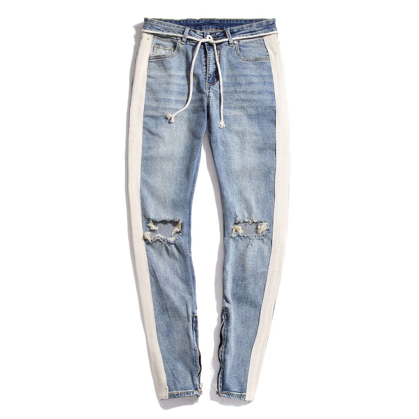 Side Zippered Jeans - Retro Striped Jeans - Destroyed Slim Jeans - available at Sparq Mart