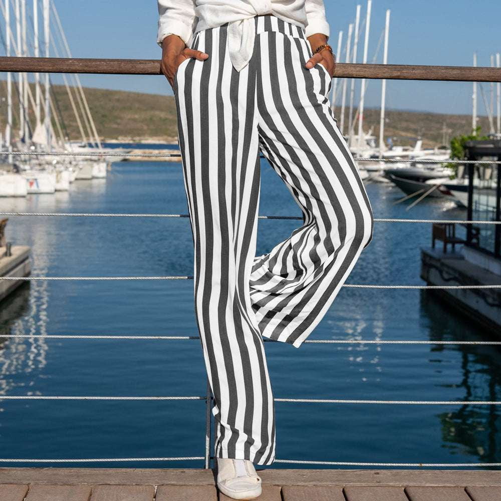 casual striped pants, linen trousers women, loose straight-leg pants - available at Sparq Mart