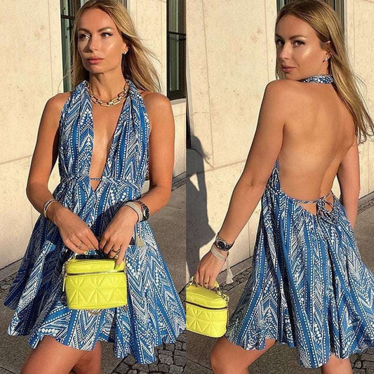 Beach Print Sundress, Summer Halter Dress, Women's Backless Beachwear - available at Sparq Mart