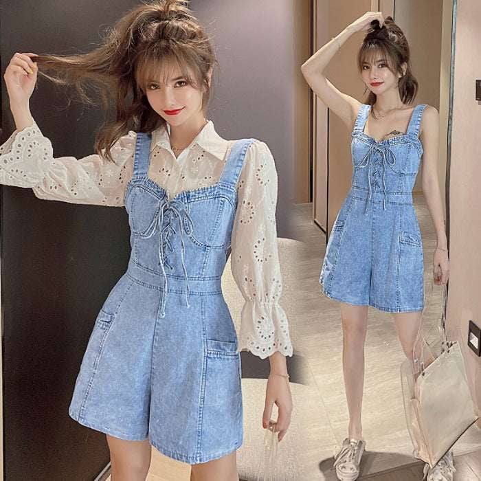 Denim Overalls Shorts, Loose Denim Jumpsuit, White Overalls Shorts - available at Sparq Mart