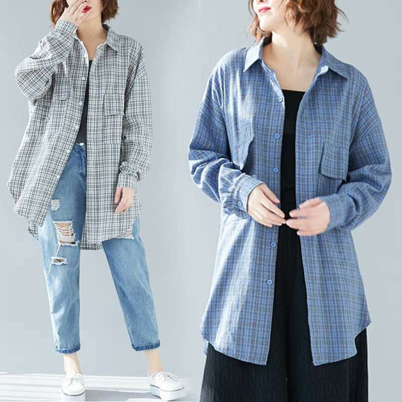 age-reducing top, belly-covering shirt, Fashionable plaid shirt - available at Sparq Mart