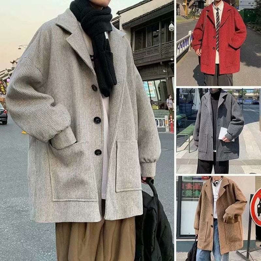 Casual Mid-Length Overcoat, Korean Design Wool Coat, Men's Wool Corduroy Coat - available at Sparq Mart