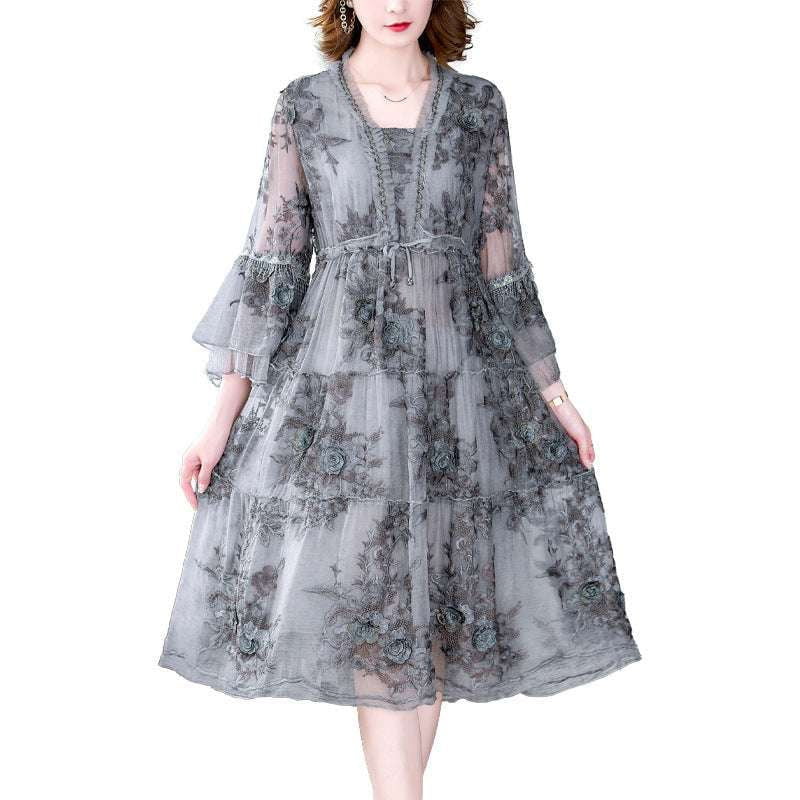 embroidered v-neck, gray dress, stylish plus size - available at Sparq Mart