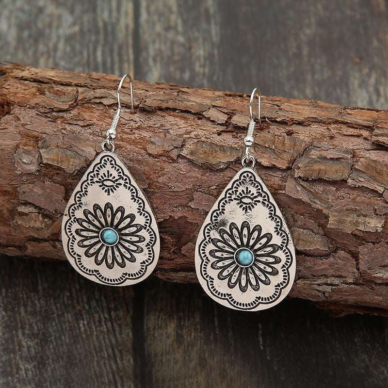 elegant drop earrings, sunflower turquoise earrings, turquoise carved earrings - available at Sparq Mart